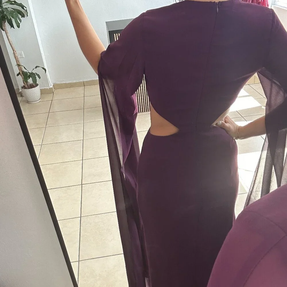 NEW Eggplant Purple Midriff Cut-Out Flowing Butterfly Sleeve Maxi Dress Gown - Picture 4 of 4